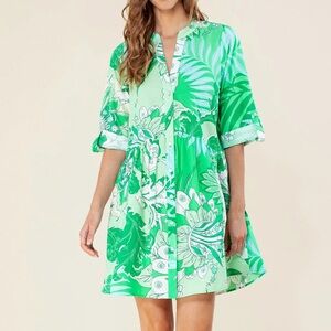 Hale Bob Pleated Knee-Length Cotton Poplin Dress Green Tropical M
